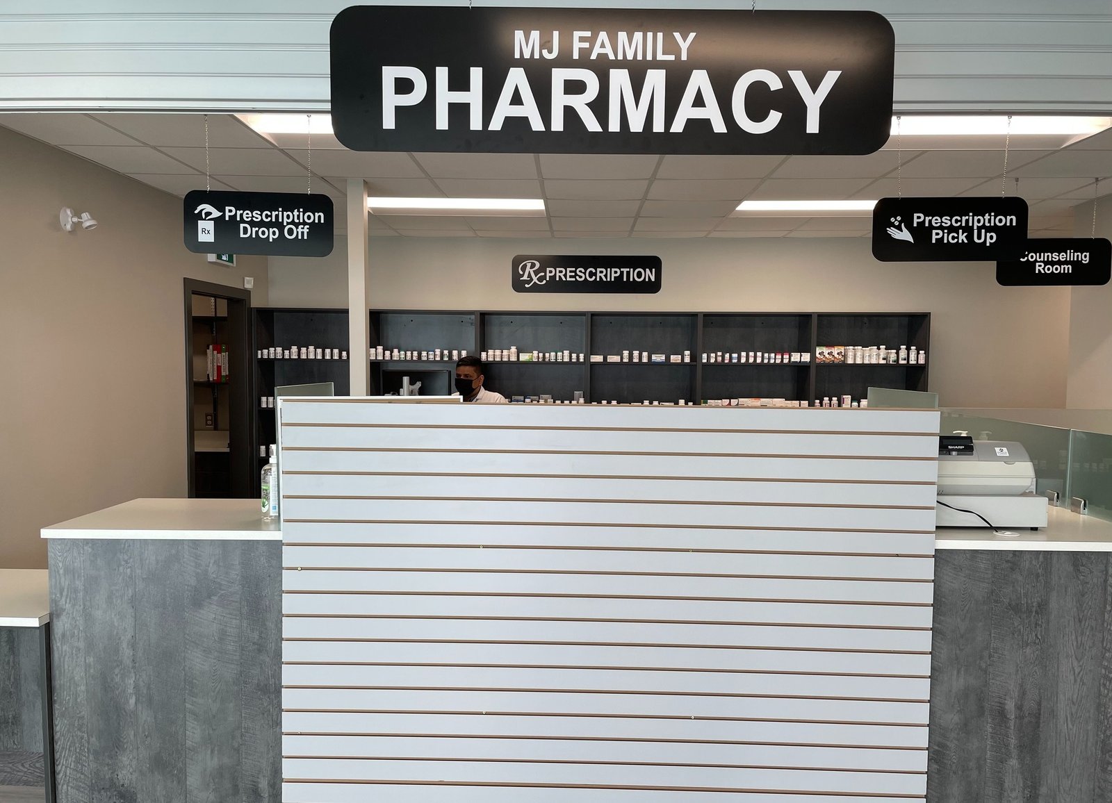 Prescription counter inside MJ Family Pharmacy in Moose Jaw